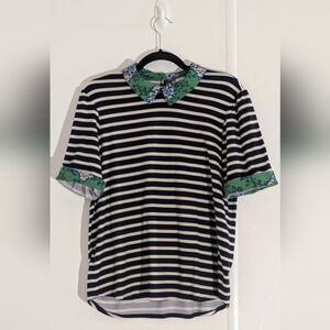 Faith and Joy Fashion Navy Blue and White Striped Shirt with Green Accents